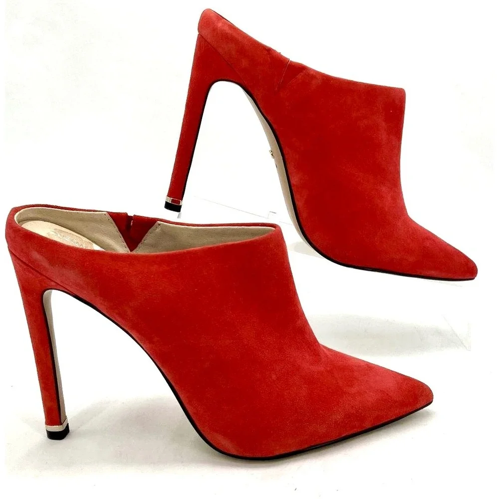Kenneth Cole Riley Suede Mule Pumps Coral Red Pointed Toe Heels Women's 7.5M R7